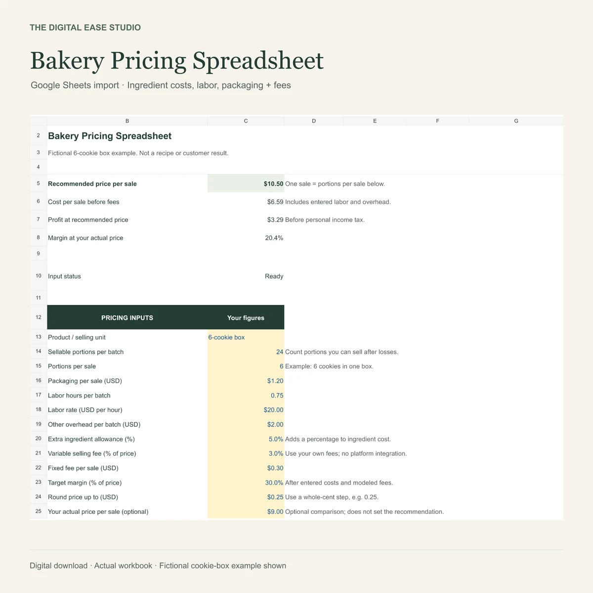 Bakery Pricing Spreadsheet actual workbook preview with fictional teaching figures