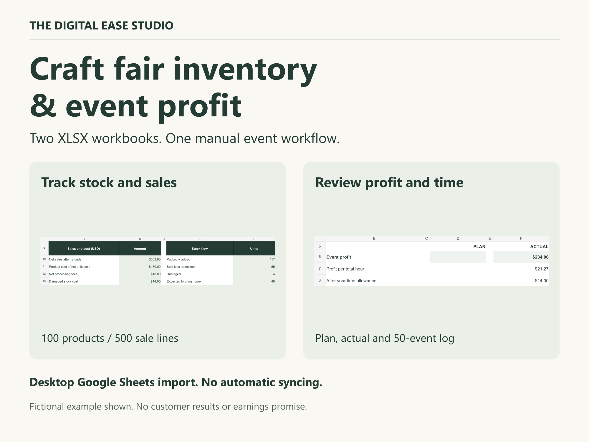 Craft Fair Inventory and Profit Bundle, two separate workbooks with a manual totals handoff guide.