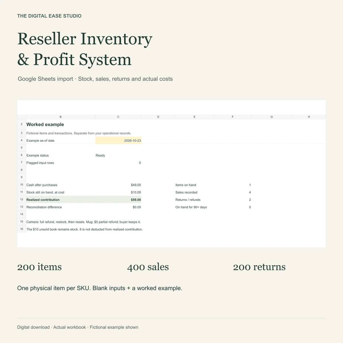 Reseller Inventory & Profit System actual workbook preview with fictional teaching figures
